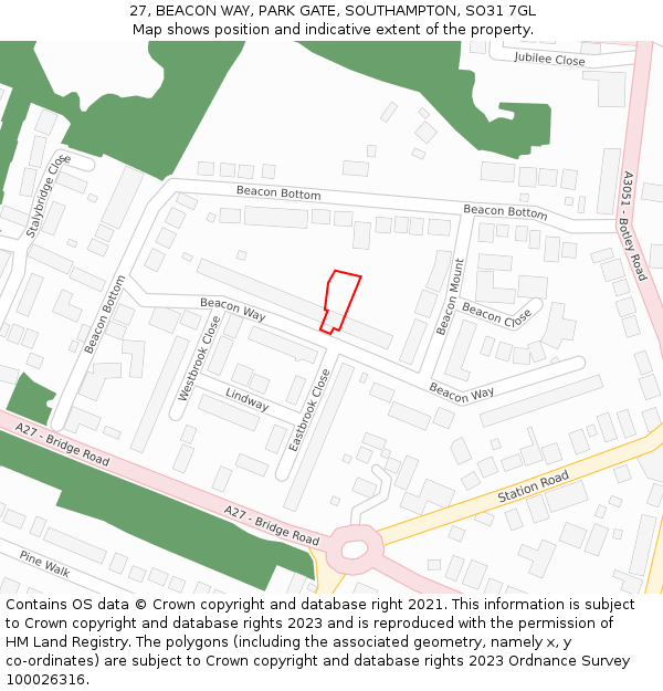 27, BEACON WAY, PARK GATE, SOUTHAMPTON, SO31 7GL: Location map and indicative extent of plot