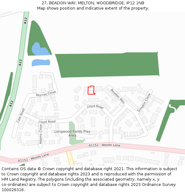 27, BEADON WAY, MELTON, WOODBRIDGE, IP12 1NB: Location map and indicative extent of plot