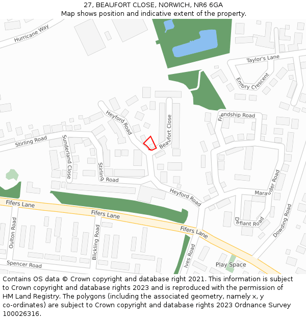 27, BEAUFORT CLOSE, NORWICH, NR6 6GA: Location map and indicative extent of plot