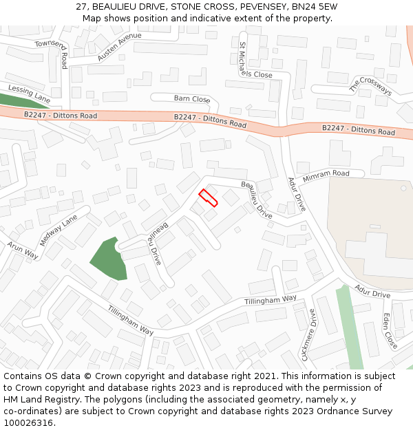 27, BEAULIEU DRIVE, STONE CROSS, PEVENSEY, BN24 5EW: Location map and indicative extent of plot