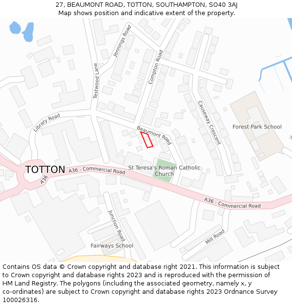 27, BEAUMONT ROAD, TOTTON, SOUTHAMPTON, SO40 3AJ: Location map and indicative extent of plot