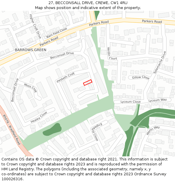 27, BECCONSALL DRIVE, CREWE, CW1 4RU: Location map and indicative extent of plot