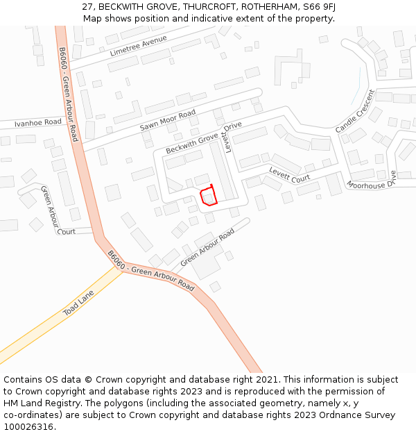 27, BECKWITH GROVE, THURCROFT, ROTHERHAM, S66 9FJ: Location map and indicative extent of plot