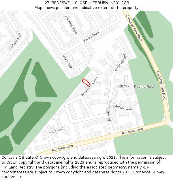 27, BEDESWELL CLOSE, HEBBURN, NE31 2GB: Location map and indicative extent of plot