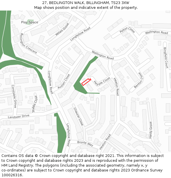 27, BEDLINGTON WALK, BILLINGHAM, TS23 3XW: Location map and indicative extent of plot