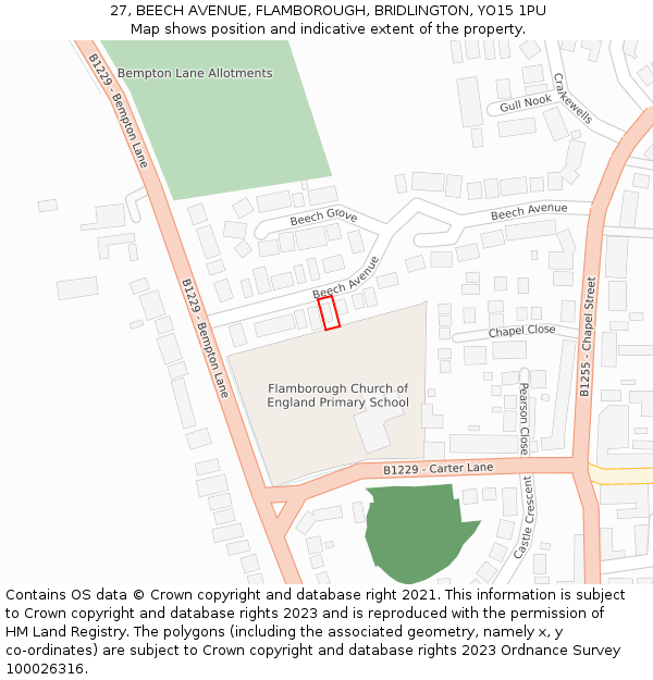 27, BEECH AVENUE, FLAMBOROUGH, BRIDLINGTON, YO15 1PU: Location map and indicative extent of plot
