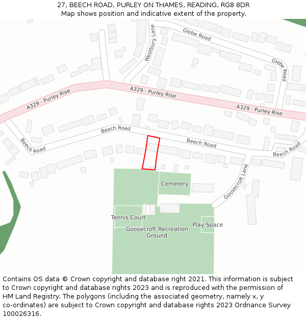 27, BEECH ROAD, PURLEY ON THAMES, READING, RG8 8DR: Location map and indicative extent of plot