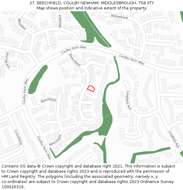 27, BEECHFIELD, COULBY NEWHAM, MIDDLESBROUGH, TS8 0TY: Location map and indicative extent of plot