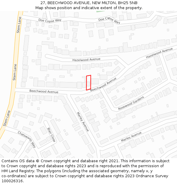 27, BEECHWOOD AVENUE, NEW MILTON, BH25 5NB: Location map and indicative extent of plot