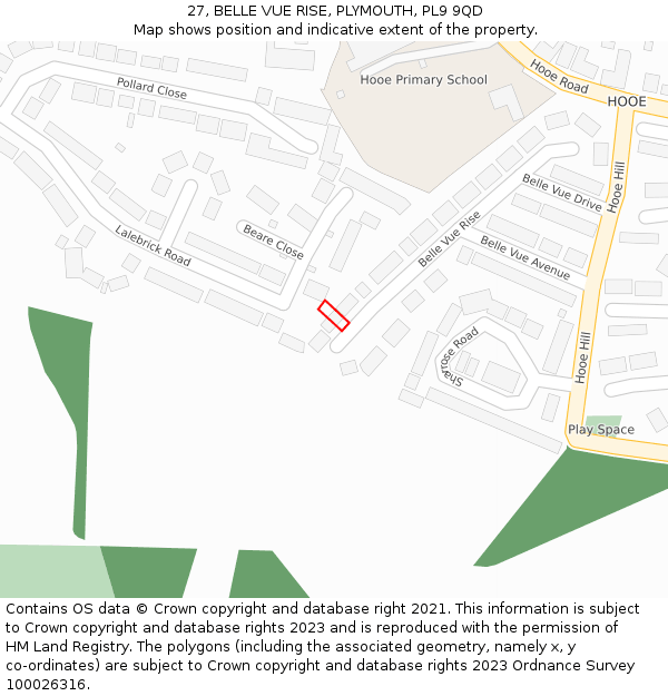 27, BELLE VUE RISE, PLYMOUTH, PL9 9QD: Location map and indicative extent of plot