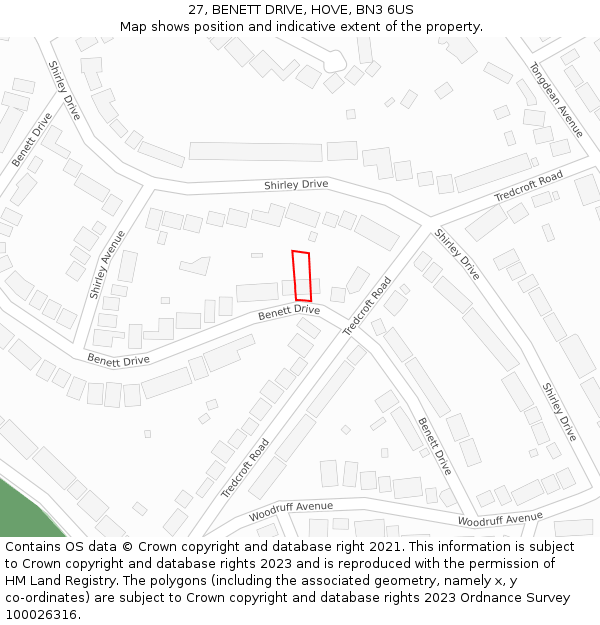 27, BENETT DRIVE, HOVE, BN3 6US: Location map and indicative extent of plot