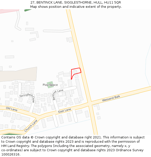 27, BENTINCK LANE, SIGGLESTHORNE, HULL, HU11 5QR: Location map and indicative extent of plot