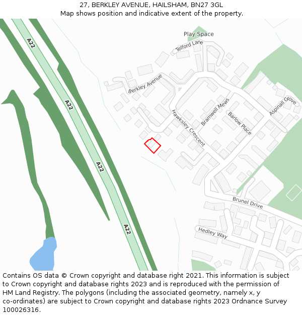 27, BERKLEY AVENUE, HAILSHAM, BN27 3GL: Location map and indicative extent of plot