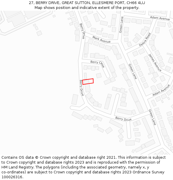 27, BERRY DRIVE, GREAT SUTTON, ELLESMERE PORT, CH66 4LU: Location map and indicative extent of plot