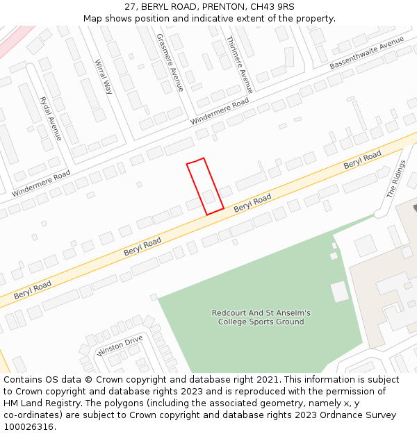 27, BERYL ROAD, PRENTON, CH43 9RS: Location map and indicative extent of plot