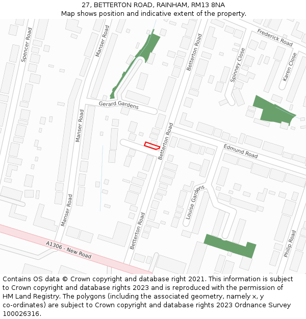 27, BETTERTON ROAD, RAINHAM, RM13 8NA: Location map and indicative extent of plot