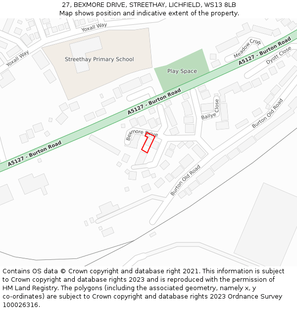 27, BEXMORE DRIVE, STREETHAY, LICHFIELD, WS13 8LB: Location map and indicative extent of plot