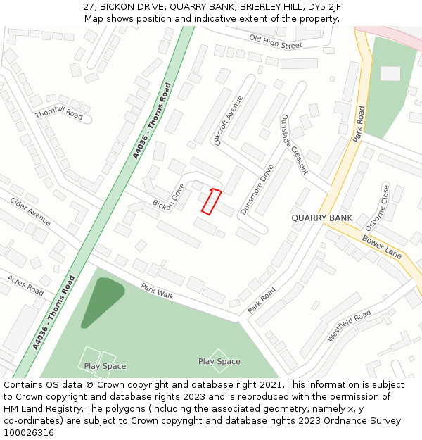 27, BICKON DRIVE, QUARRY BANK, BRIERLEY HILL, DY5 2JF: Location map and indicative extent of plot