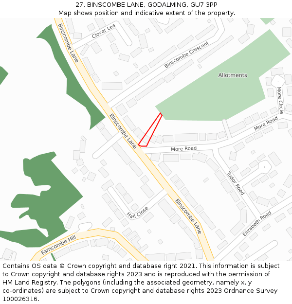 27, BINSCOMBE LANE, GODALMING, GU7 3PP: Location map and indicative extent of plot