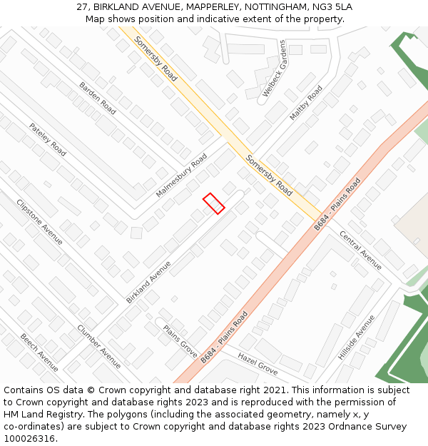 27, BIRKLAND AVENUE, MAPPERLEY, NOTTINGHAM, NG3 5LA: Location map and indicative extent of plot