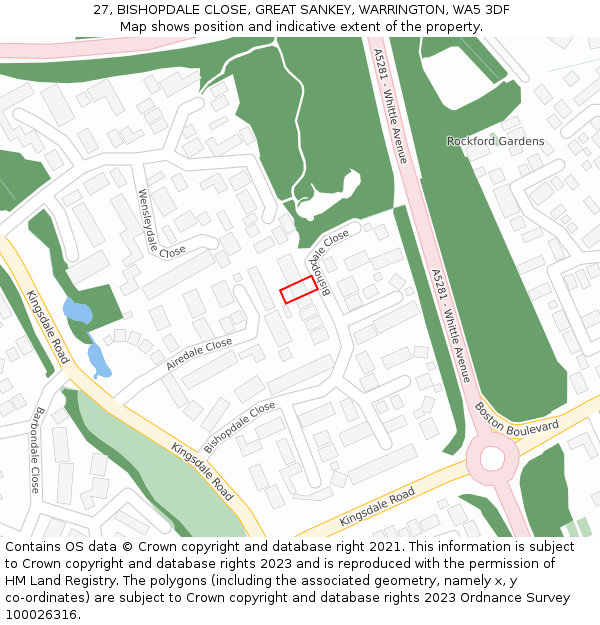 27, BISHOPDALE CLOSE, GREAT SANKEY, WARRINGTON, WA5 3DF: Location map and indicative extent of plot