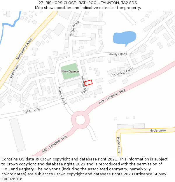 27, BISHOPS CLOSE, BATHPOOL, TAUNTON, TA2 8DS: Location map and indicative extent of plot