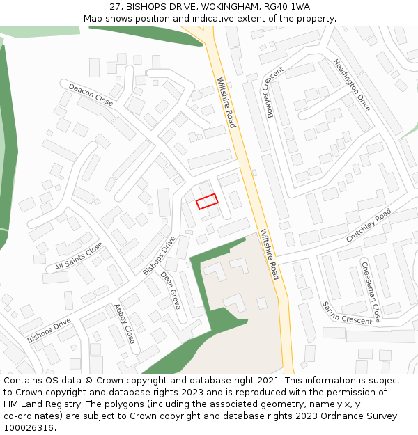 27, BISHOPS DRIVE, WOKINGHAM, RG40 1WA: Location map and indicative extent of plot