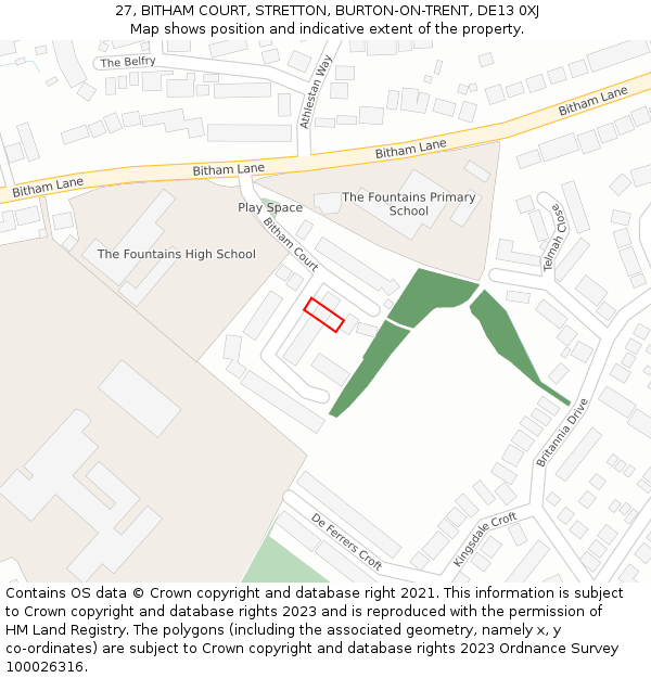 27, BITHAM COURT, STRETTON, BURTON-ON-TRENT, DE13 0XJ: Location map and indicative extent of plot