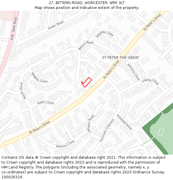 27, BITTERN ROAD, WORCESTER, WR5 3LT: Location map and indicative extent of plot
