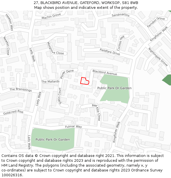 27, BLACKBIRD AVENUE, GATEFORD, WORKSOP, S81 8WB: Location map and indicative extent of plot