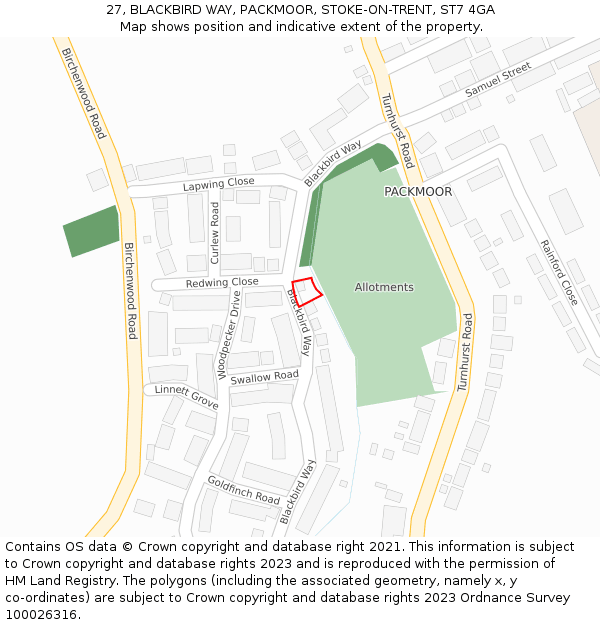 27, BLACKBIRD WAY, PACKMOOR, STOKE-ON-TRENT, ST7 4GA: Location map and indicative extent of plot