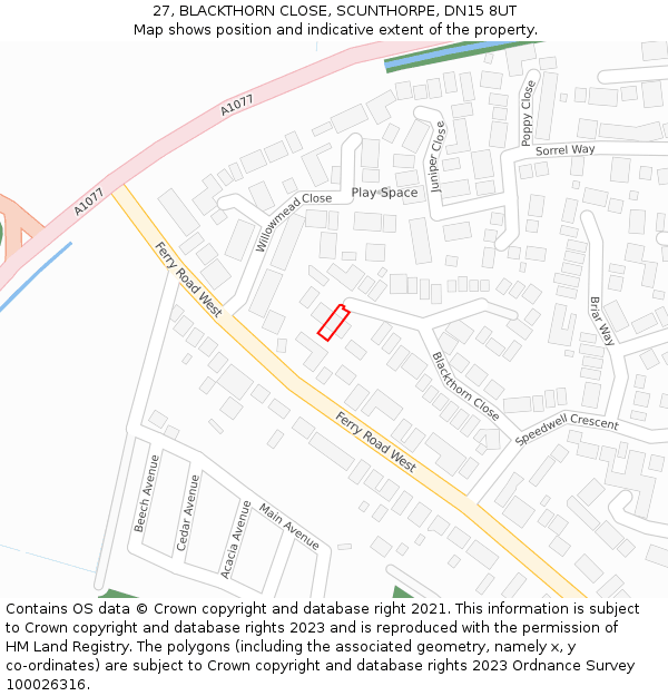 27, BLACKTHORN CLOSE, SCUNTHORPE, DN15 8UT: Location map and indicative extent of plot
