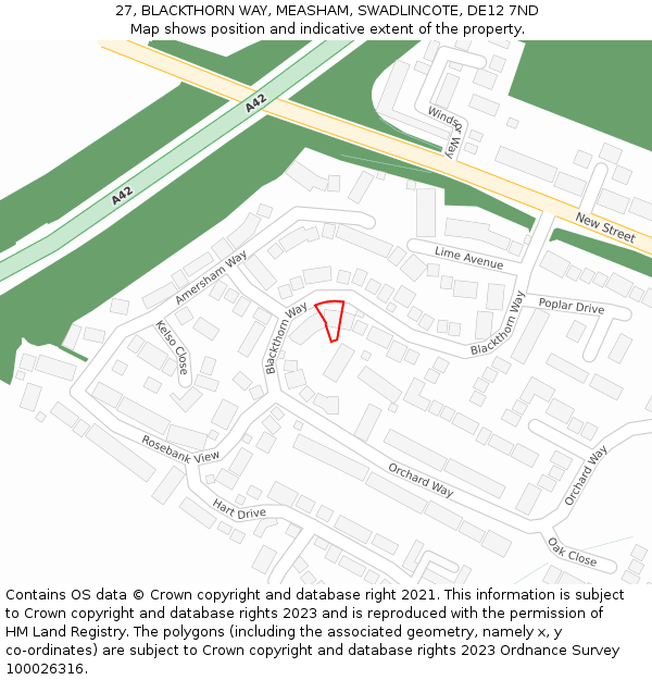 27, BLACKTHORN WAY, MEASHAM, SWADLINCOTE, DE12 7ND: Location map and indicative extent of plot