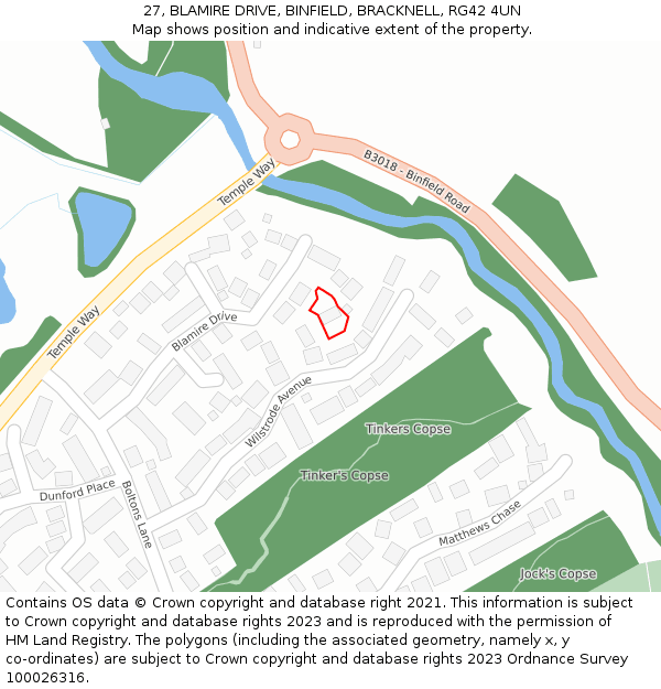 27, BLAMIRE DRIVE, BINFIELD, BRACKNELL, RG42 4UN: Location map and indicative extent of plot