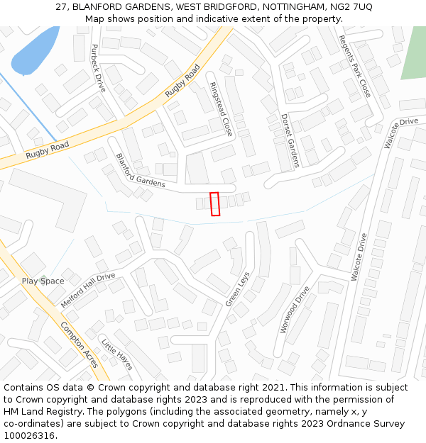 27, BLANFORD GARDENS, WEST BRIDGFORD, NOTTINGHAM, NG2 7UQ: Location map and indicative extent of plot