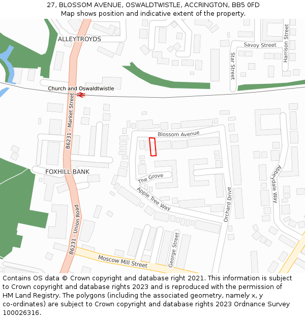 27, BLOSSOM AVENUE, OSWALDTWISTLE, ACCRINGTON, BB5 0FD: Location map and indicative extent of plot