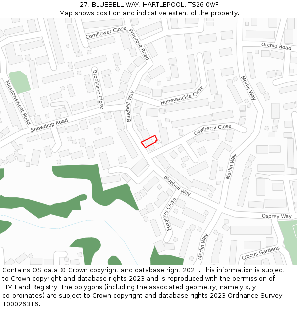 27, BLUEBELL WAY, HARTLEPOOL, TS26 0WF: Location map and indicative extent of plot