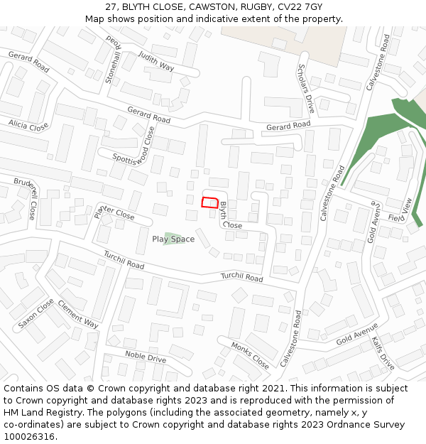 27, BLYTH CLOSE, CAWSTON, RUGBY, CV22 7GY: Location map and indicative extent of plot