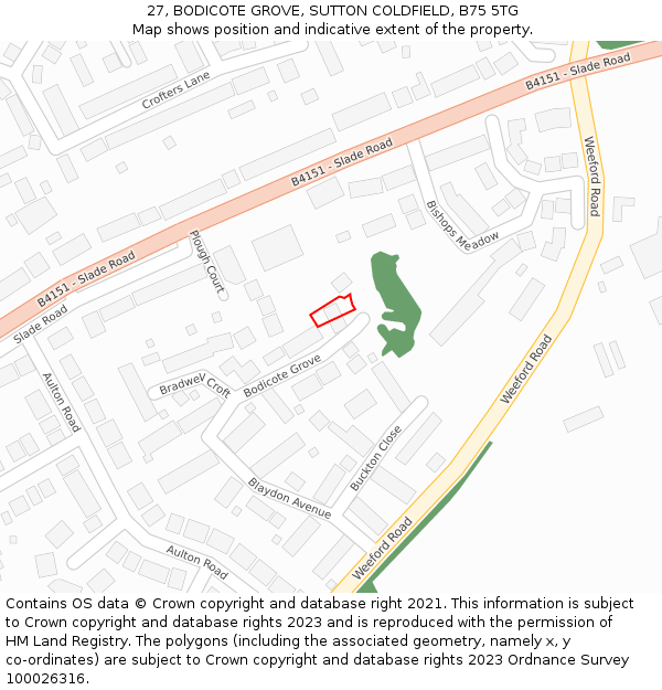 27, BODICOTE GROVE, SUTTON COLDFIELD, B75 5TG: Location map and indicative extent of plot