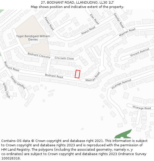 27, BODNANT ROAD, LLANDUDNO, LL30 1LT: Location map and indicative extent of plot