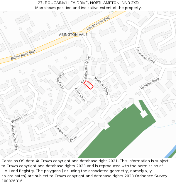 27, BOUGAINVILLEA DRIVE, NORTHAMPTON, NN3 3XD: Location map and indicative extent of plot
