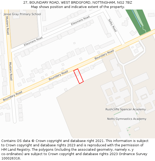 27, BOUNDARY ROAD, WEST BRIDGFORD, NOTTINGHAM, NG2 7BZ: Location map and indicative extent of plot