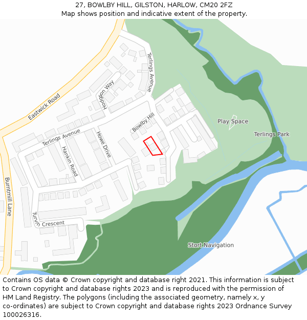 27, BOWLBY HILL, GILSTON, HARLOW, CM20 2FZ: Location map and indicative extent of plot