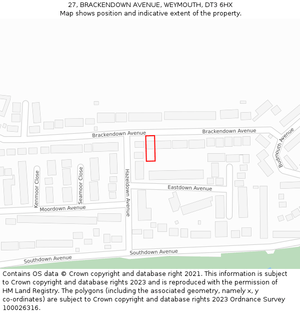 27, BRACKENDOWN AVENUE, WEYMOUTH, DT3 6HX: Location map and indicative extent of plot