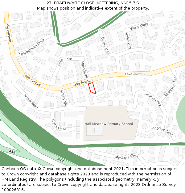 27, BRAITHWAITE CLOSE, KETTERING, NN15 7JS: Location map and indicative extent of plot