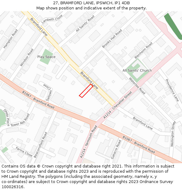 27, BRAMFORD LANE, IPSWICH, IP1 4DB: Location map and indicative extent of plot