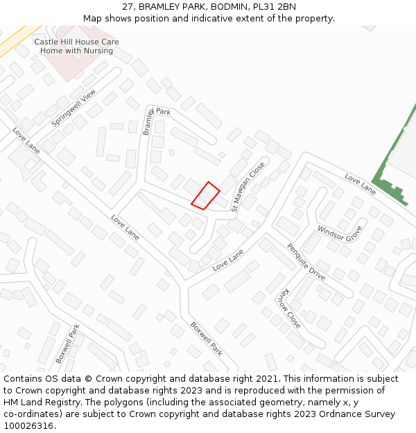 27, BRAMLEY PARK, BODMIN, PL31 2BN: Location map and indicative extent of plot