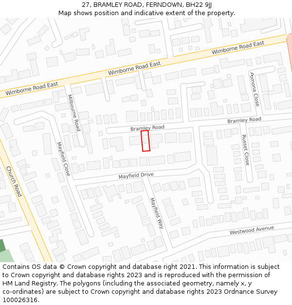 27, BRAMLEY ROAD, FERNDOWN, BH22 9JJ: Location map and indicative extent of plot