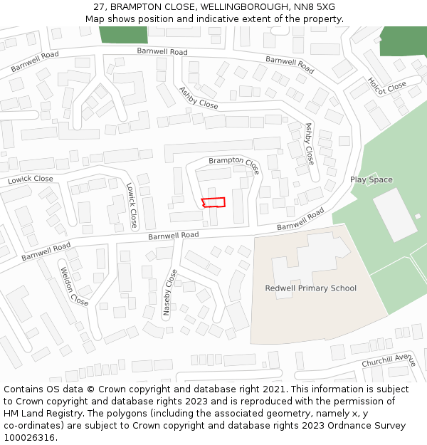 27, BRAMPTON CLOSE, WELLINGBOROUGH, NN8 5XG: Location map and indicative extent of plot