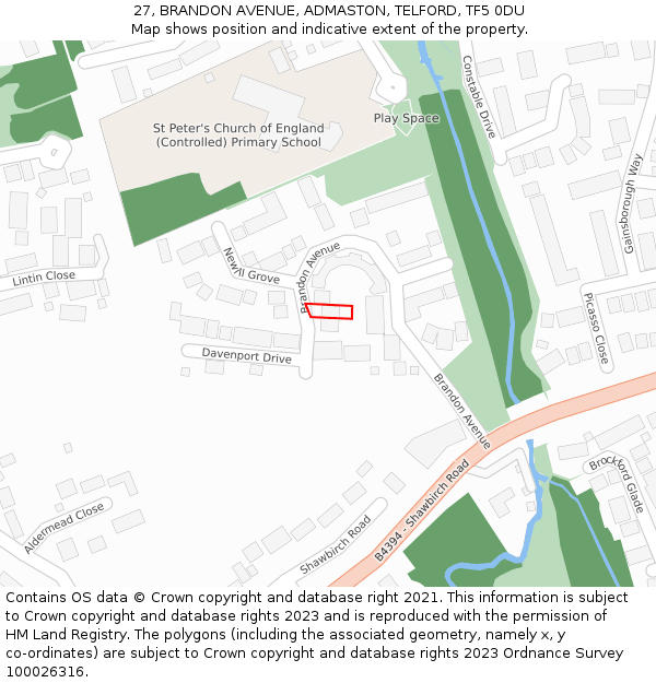 27, BRANDON AVENUE, ADMASTON, TELFORD, TF5 0DU: Location map and indicative extent of plot